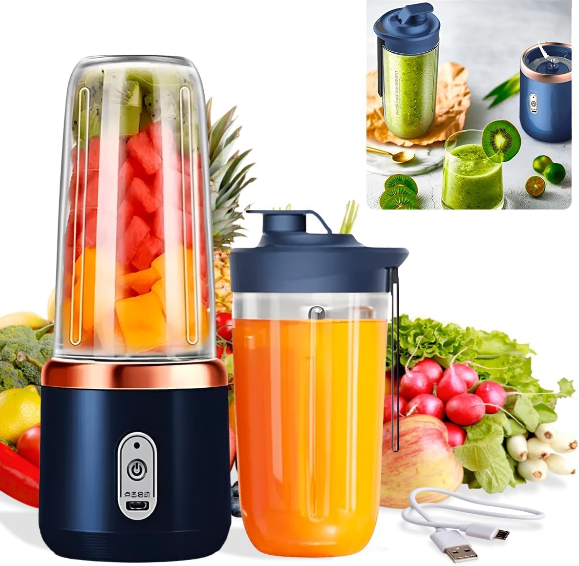 Portable Blender – USB-Rechargeable Smoothie Maker (6 Blades, Crushes Ice, 400 ml)